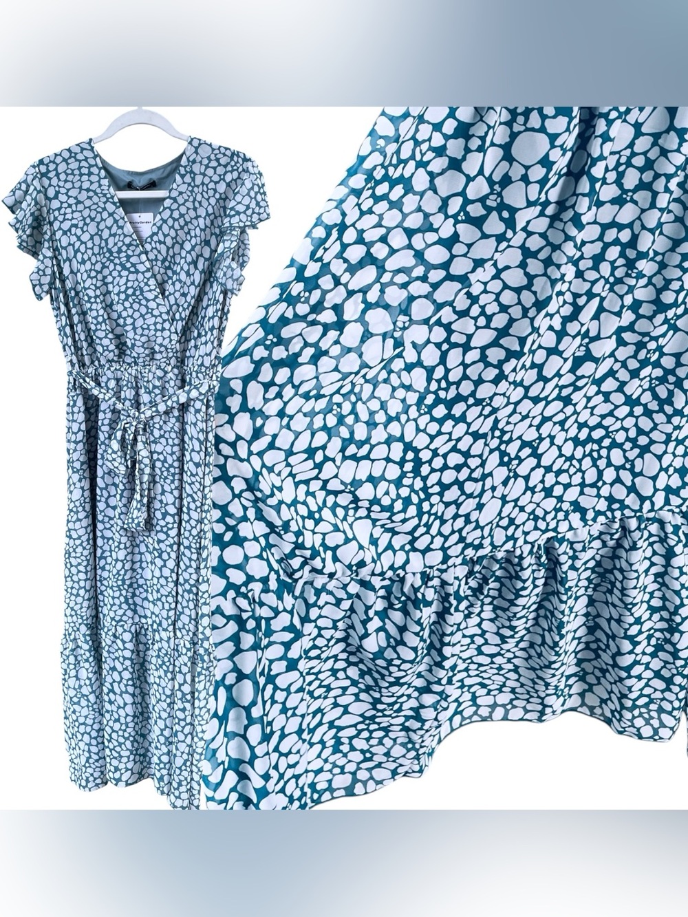 NWT PrettyGarden Small Lined Dress Flutter Sleeves Blue/green Flowy Retro Femm